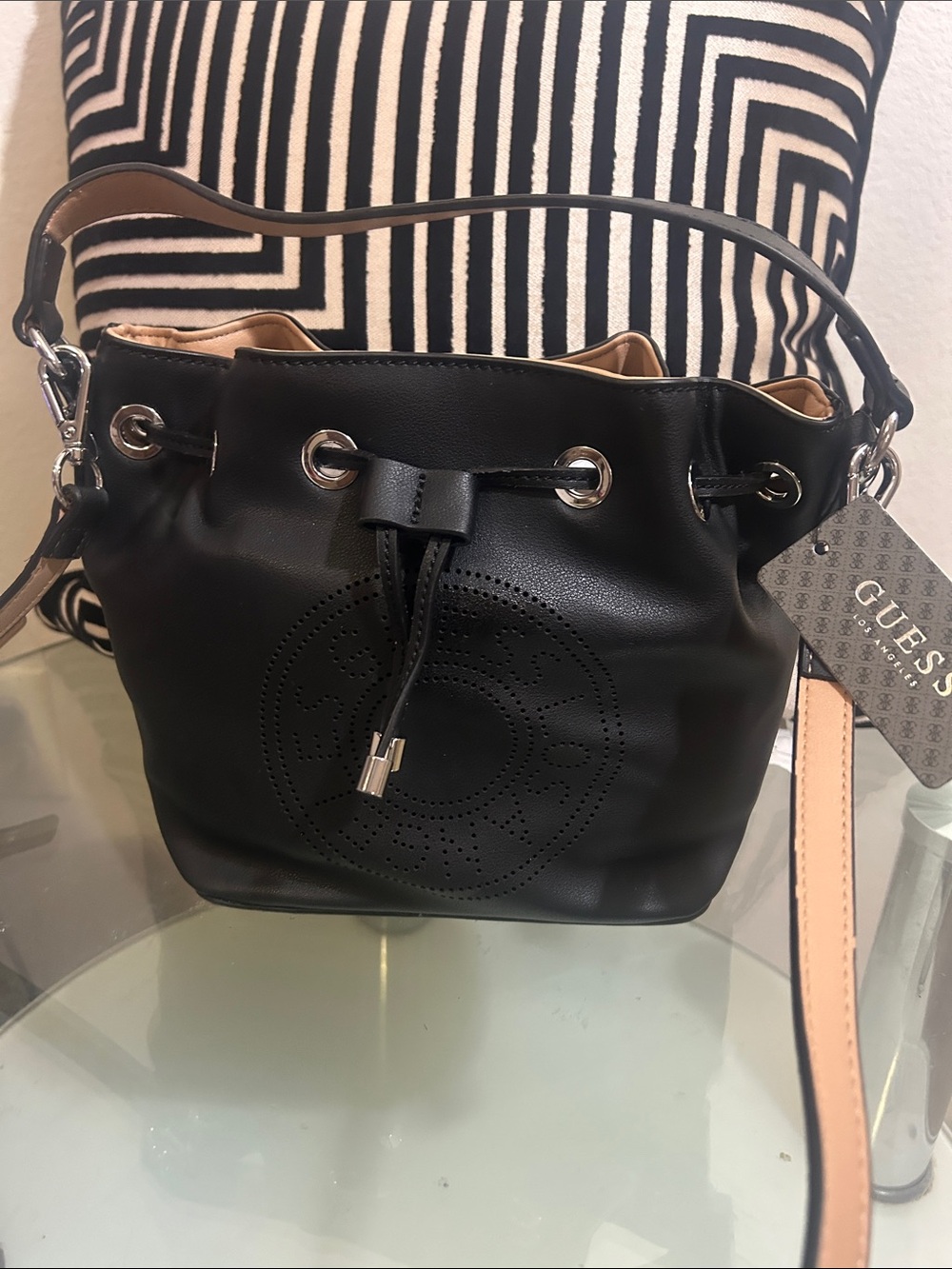 GUESS Black Bucket Drawstring Shoulder Bag with Tan Strap